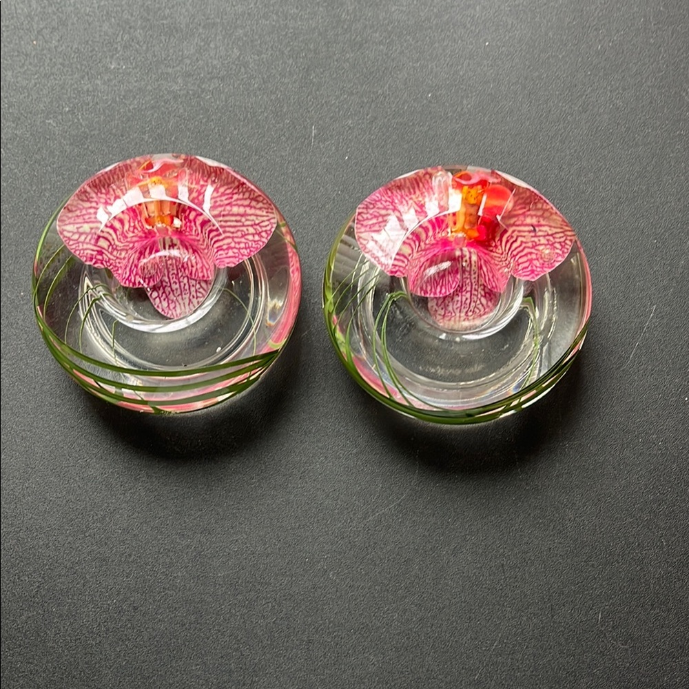 EMILIO ROBBA Set of 2 Pink Flower Glass Clear Votive  Holders